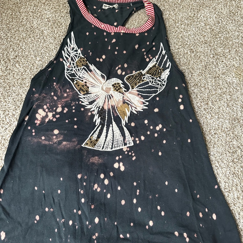 We The Free Black Graphic Bleach-Splatter Tank with Eagle Motif